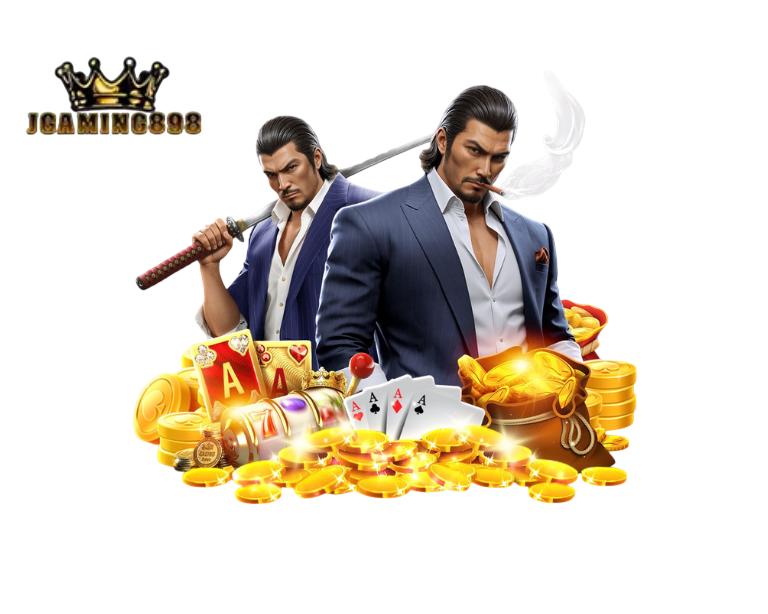 ชายสองคนสวมสูทถืออาวุธ รายล้อมด้วยทองคำและเงินสด โทนภาพแนวมาเฟียสไตล์เกมคาสิโนออนไลน์